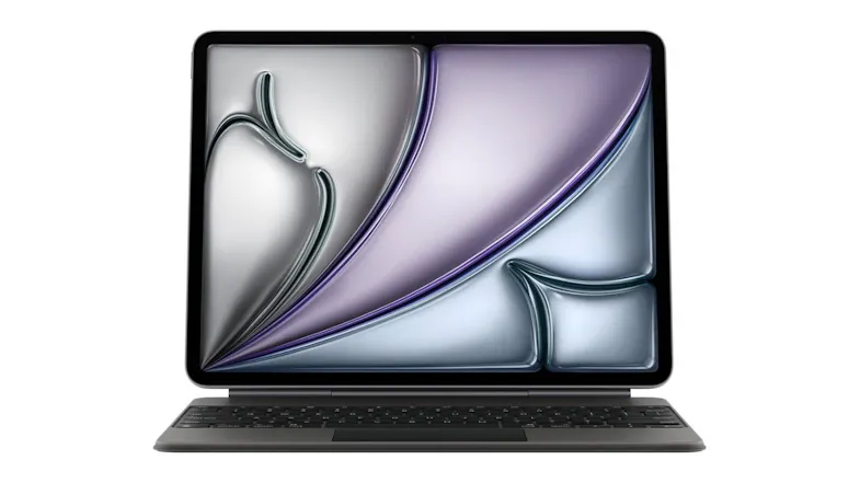 Front view of the Magic Keyboard with iPad attached, shown open like a laptop Front view of the Magic Keyboard with iPad attached, shown open like a laptop