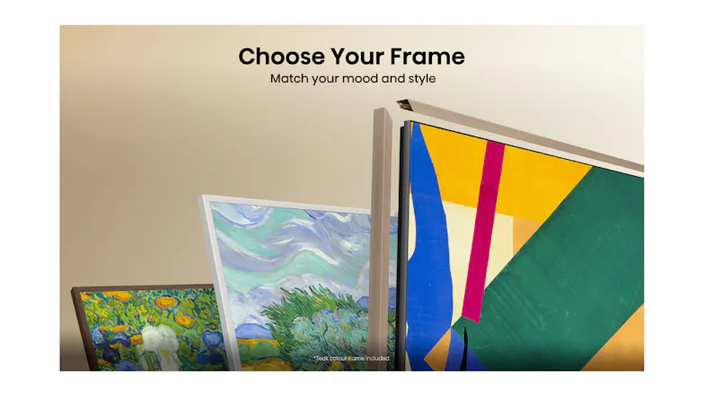 Living room with a fireplace and a framed TV showing landscape art; panels display Art Gallery mode on and off Living room with a fireplace and a framed TV showing landscape art; panels display Art Gallery mode on and off