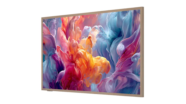 Wall-mounted TV with a wooden frame, showing vibrant abstract swirls of pink, orange, blue, and purple Wall-mounted TV with a wooden frame, showing vibrant abstract swirls of pink, orange, blue, and purple