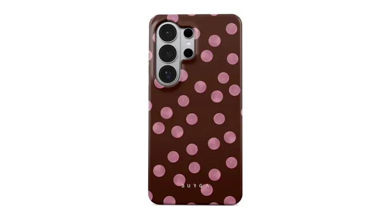 Samsung Galaxy S26 Ultra case in “Pillow Talk” design. Features a glossy brown background with pink polka dots Samsung Galaxy S26 Ultra case in “Pillow Talk” design. Features a glossy brown background with pink polka dots