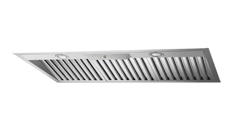 Stainless steel kitchen range hood with slatted grease filters and built-in lights Stainless steel kitchen range hood with slatted grease filters and built-in lights