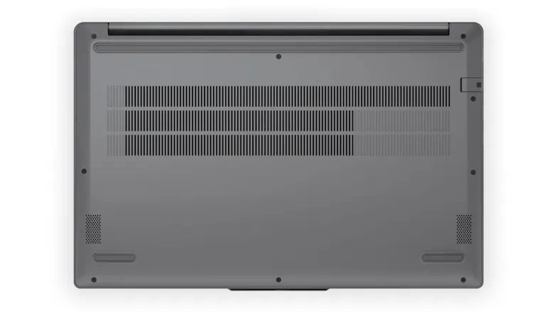 Back view of the Lenovo LOQ laptop showing cooling vents, speakers, and a durable grey base design Back view of the Lenovo LOQ laptop showing cooling vents, speakers, and a durable grey base design