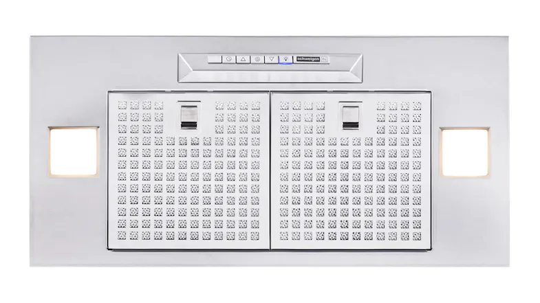 Front view of the Schweigen Catalonia 60cm integrated rangehood with illuminated LED lights, dual filters, and sleek control buttons Front view of the Schweigen Catalonia 60cm integrated rangehood with illuminated LED lights, dual filters, and sleek control buttons