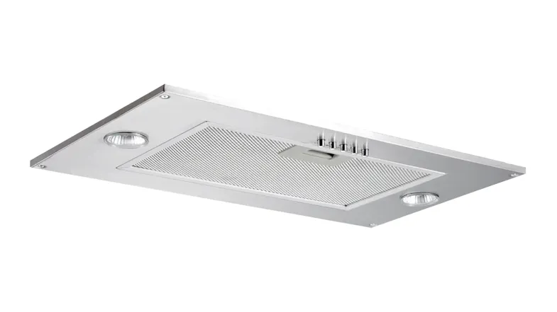 A side angled view of a 60cm Schweigen stainless steel undermount rangehood featuring a mesh filter, push buttons and LED lights A side angled view of a 60cm Schweigen stainless steel undermount rangehood featuring a mesh filter, push buttons and LED lights