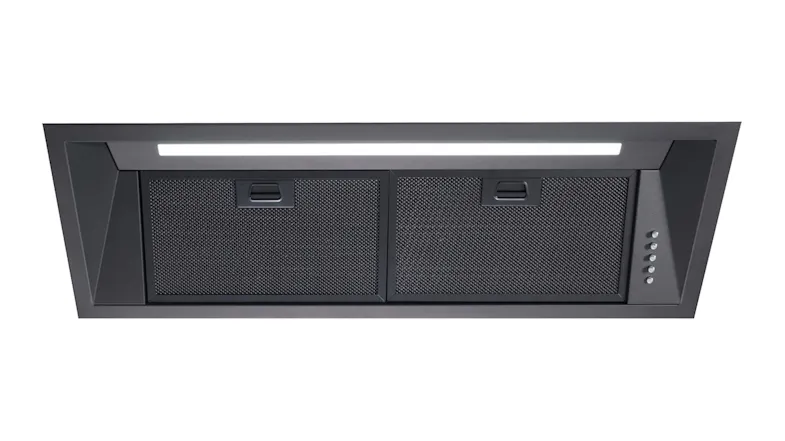 A black undermount rangehood with dual mesh filters, slim LED light strip, and push button controls A black undermount rangehood with dual mesh filters, slim LED light strip, and push button controls
