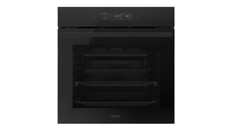 A front view of a Black Haier 60cm built-in steam oven with digital touch display, glass door, and spacious interior racks A front view of a Black Haier 60cm built-in steam oven with digital touch display, glass door, and spacious interior racks