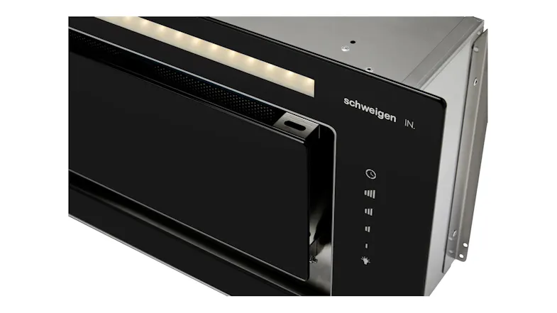 A close-up view of the black glass Schweigen rangehood showing an illuminated LED strip and a touch control panel A close-up view of the black glass Schweigen rangehood showing an illuminated LED strip and a touch control panel