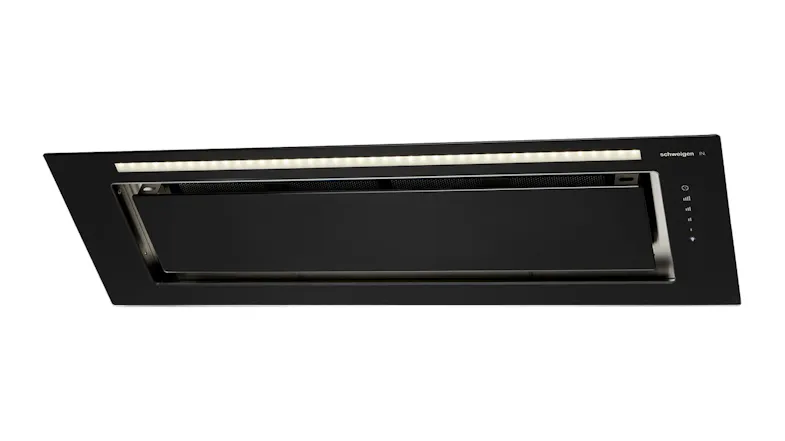 A right-angled view of an undermount rangehood with slim LED strip lighting and touch controls A right-angled view of an undermount rangehood with slim LED strip lighting and touch controls