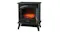 Black mini electric fireplace shown with ember bed glowing red, but no visible flames Black mini electric fireplace shown with ember bed glowing red, but no visible flames