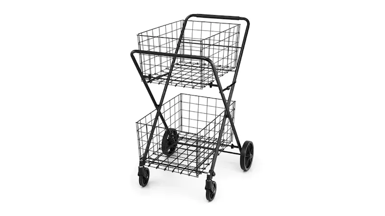 Two-tier black wire EMAJIN foldable shopping trolley cart with a sturdy frame and wheels Two-tier black wire EMAJIN foldable shopping trolley cart with a sturdy frame and wheels