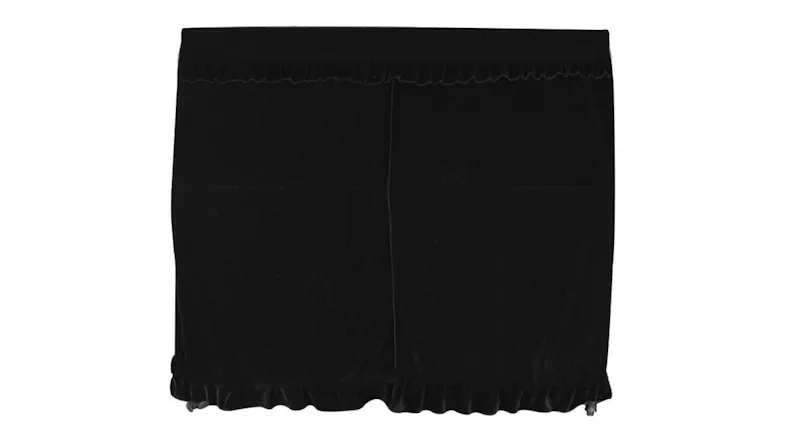 A front view of a Velvet Piano cover with gathered top and ruffled bottom edge A front view of a Velvet Piano cover with gathered top and ruffled bottom edge