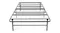 Front-angled view of a black folding metal bed frame with wire grid support Front-angled view of a black folding metal bed frame with wire grid support