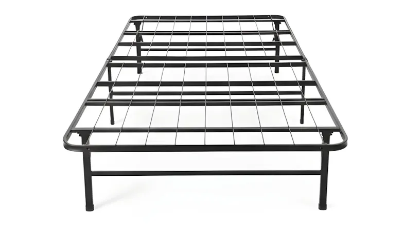 Front-angled view of a black folding metal bed frame with wire grid support Front-angled view of a black folding metal bed frame with wire grid support