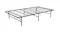 Angled view of a foldable black metal platform bed frame with a grid top and support legs Angled view of a foldable black metal platform bed frame with a grid top and support legs