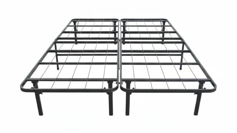 Black folding metal bed frame with split design, grid support, and multiple legs for stability Black folding metal bed frame with split design, grid support, and multiple legs for stability