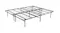 Angled view of a foldable metal bed base with wire grid panels and a centre support bar Angled view of a foldable metal bed base with wire grid panels and a centre support bar