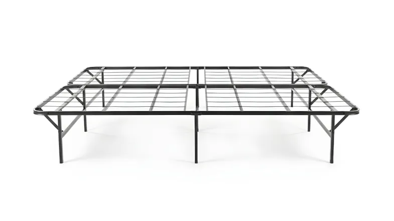 Front view of a wide platform bed frame with a metal grid surface and reinforced legs Front view of a wide platform bed frame with a metal grid surface and reinforced legs