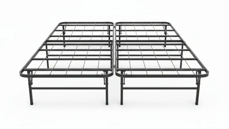 Front view of a black folding metal bed frame with a split grid platform and central folding hinge Front view of a black folding metal bed frame with a split grid platform and central folding hinge