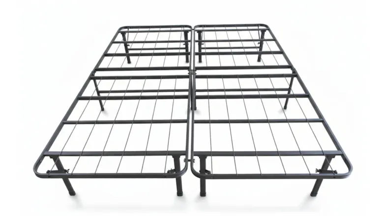 Top-front view of a black folding bed frame with two sections, a metal grid base, and support legs Top-front view of a black folding bed frame with two sections, a metal grid base, and support legs