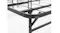 Close-up of a rounded corner on a black metal bed frame with a wire grid surface and support bar Close-up of a rounded corner on a black metal bed frame with a wire grid surface and support bar