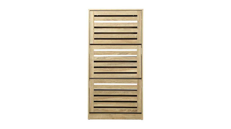 A front view of a wooden shoe cabinet with three slatted flip drawers, a compact vertical storage unit with a natural wood finish design A front view of a wooden shoe cabinet with three slatted flip drawers, a compact vertical storage unit with a natural wood finish design