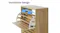 A shoe cabinet in wood finish with tilt compartments storing shoes, styled in a modern interior with window blinds nearby A shoe cabinet in wood finish with tilt compartments storing shoes, styled in a modern interior with window blinds nearby