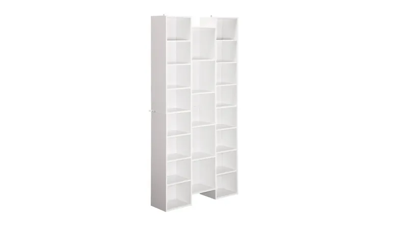 An angled view of a white Skog shoe cabinet with multiple open shelves and a modern vertical design An angled view of a white Skog shoe cabinet with multiple open shelves and a modern vertical design