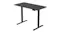 An angled view of a black height-adjustable desk frame with dual legs and a control panel An angled view of a black height-adjustable desk frame with dual legs and a control panel