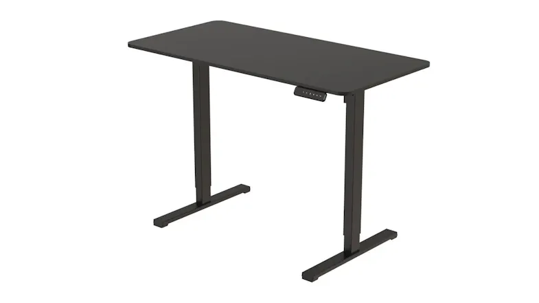 An angled view of a black height-adjustable desk frame with dual legs and a control panel An angled view of a black height-adjustable desk frame with dual legs and a control panel