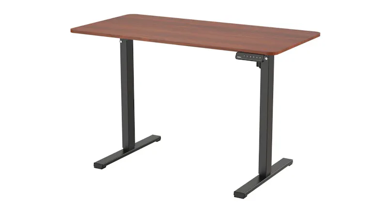 An angled view of a black height-adjustable desk frame with dual legs and a control panel An angled view of a black height-adjustable desk frame with dual legs and a control panel