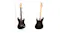 Front and back views of a black electric guitar with labelled dimensions, including 98 cm height and 32.5 cm width Front and back views of a black electric guitar with labelled dimensions, including 98 cm height and 32.5 cm width