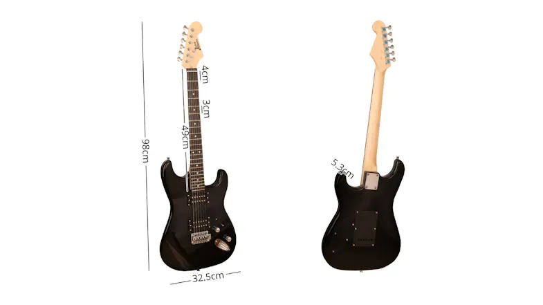 Front and back views of a black electric guitar with labelled dimensions, including 98 cm height and 32.5 cm width Front and back views of a black electric guitar with labelled dimensions, including 98 cm height and 32.5 cm width