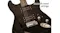 Close-up of the guitar bridge, pickups, and knobs with text highlighting smooth steel strings Close-up of the guitar bridge, pickups, and knobs with text highlighting smooth steel strings