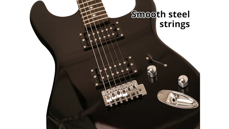 Close-up of the guitar bridge, pickups, and knobs with text highlighting smooth steel strings Close-up of the guitar bridge, pickups, and knobs with text highlighting smooth steel strings