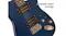 Close-up of a blue electric guitar body highlighting smooth steel strings, pickups, and control knobs Close-up of a blue electric guitar body highlighting smooth steel strings, pickups, and control knobs