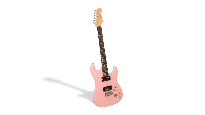 Pink electric guitar with maple neck and dual pickups, shown upright Pink electric guitar with maple neck and dual pickups, shown upright