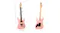 Front and back views of a pink electric guitar with labelled dimensions, including length, width, and neck size Front and back views of a pink electric guitar with labelled dimensions, including length, width, and neck size
