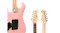 Close-up of pink electric guitar body back plate and headstock front and rear showing tuning pegs Close-up of pink electric guitar body back plate and headstock front and rear showing tuning pegs