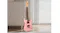 Pink electric guitar standing upright on a floor near a cabinet and a window curtain in a home setting Pink electric guitar standing upright on a floor near a cabinet and a window curtain in a home setting