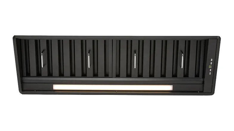 Front view of a black under-cabinet Schweigen 90cm non-silent undermount rangehood with an onboard motor, vertical baffles, and a built-in LED light Front view of a black under-cabinet Schweigen 90cm non-silent undermount rangehood with an onboard motor, vertical baffles, and a built-in LED light