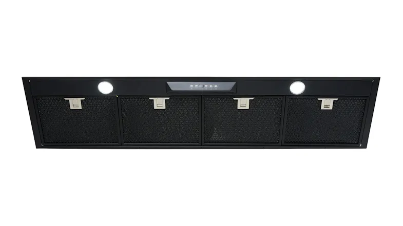 Black Schweigen 120cm Silent undermount rangehood with a single external motor, four mesh grease filters, two LED lights, and a central control panel Black Schweigen 120cm Silent undermount rangehood with a single external motor, four mesh grease filters, two LED lights, and a central control panel