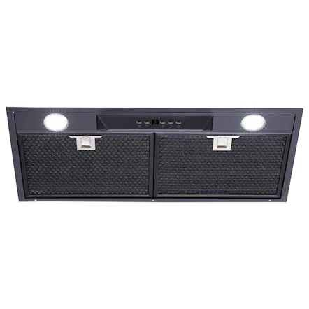 Front view of the Schweigen 60cm Silent Undermount Rangehood with two lights, control panel, and dual mesh grease filters Front view of the Schweigen 60cm Silent Undermount Rangehood with two lights, control panel, and dual mesh grease filters