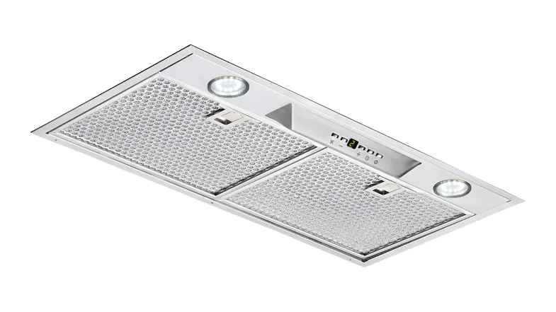 Angled view of the Schweigen 60cm Silent Undermount Rangehood with two mesh filters, two LED lights, and a control panel Angled view of the Schweigen 60cm Silent Undermount Rangehood with two mesh filters, two LED lights, and a control panel