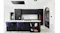 Elegant modern kitchen with marble island, dark cabinetry, and open shelving detail Elegant modern kitchen with marble island, dark cabinetry, and open shelving detail