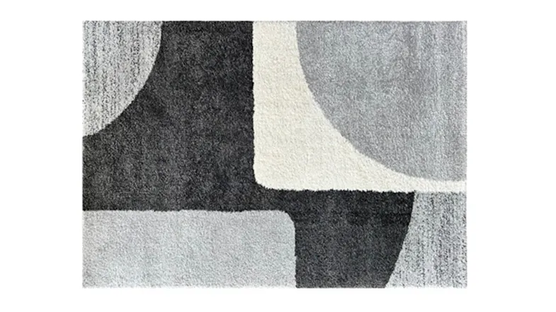 Front view of a plush Laine area rug featuring a modern geometric abstract pattern in grey, cream, and charcoal Front view of a plush Laine area rug featuring a modern geometric abstract pattern in grey, cream, and charcoal