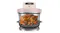 Front view of the air fryer with digital display showing “2000.” A clear glass bowl holds a whole roasted chicken Front view of the air fryer with digital display showing “2000.” A clear glass bowl holds a whole roasted chicken