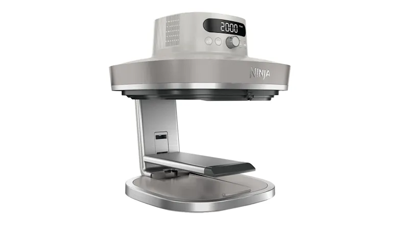Side view of the Ninja Crispi Pro air fryer in stone without a bowl attached Side view of the Ninja Crispi Pro air fryer in stone without a bowl attached