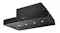 Angled view of a black kitchen rangehood with metal filters and four LED lights Angled view of a black kitchen rangehood with metal filters and four LED lights