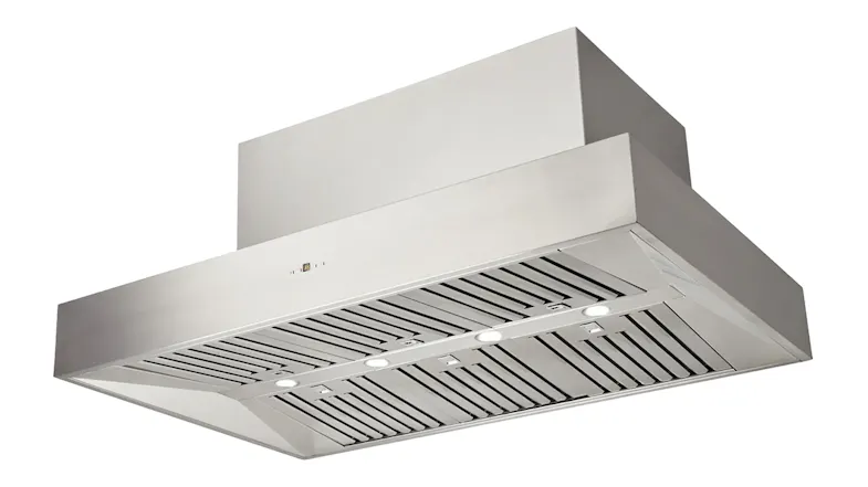 Angled view of the stainless steel rangehood with mesh filters and built-in lights Angled view of the stainless steel rangehood with mesh filters and built-in lights