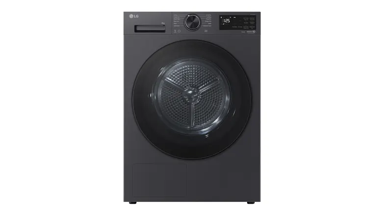 Front shot of a sleek heat pump dryer with an intuitive digital control panel Front shot of a sleek heat pump dryer with an intuitive digital control panel